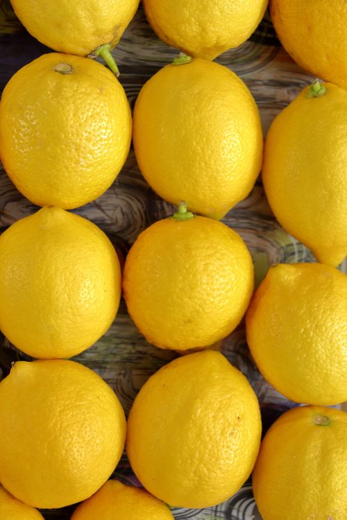 Free Bright yellow lemons arranged in a grid pattern on a wooden surface for a vibrant composition. Stock Photo