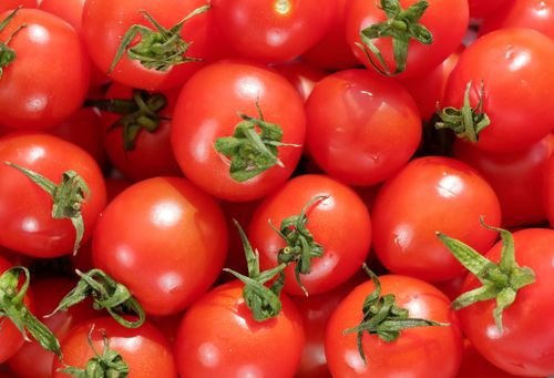 Free Close-up of ripe red tomatoes with green stems, showcasing fresh produce. Stock Photo