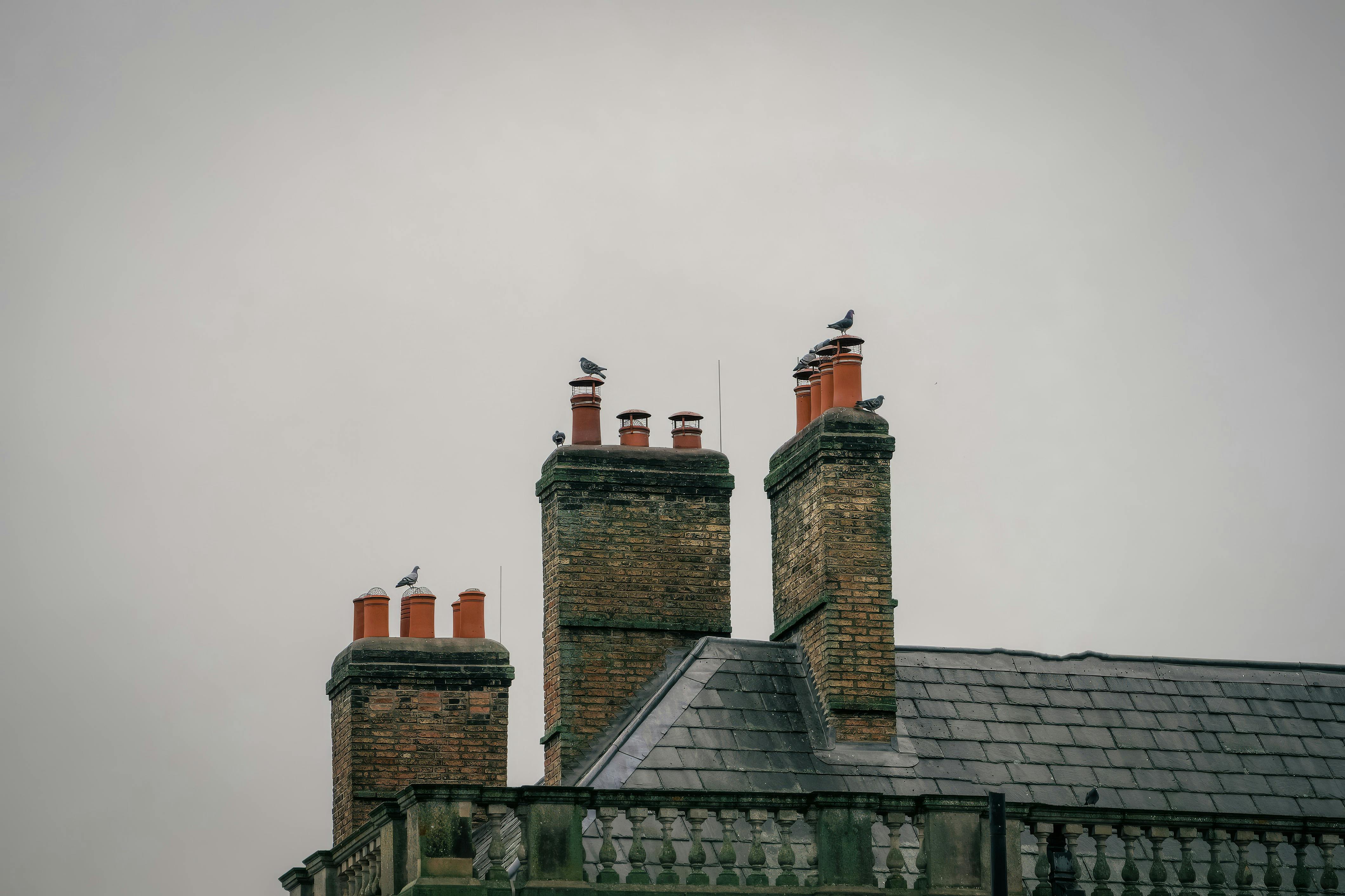 Gratis Pájaros posados ​​en las chimeneas de ladrillo del tejado de un antiguo edificio contra un cielo nublado. Foto de stock