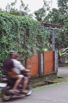 A motorbike passes quickly by a lush ivy-covered fence, blurring in motion.