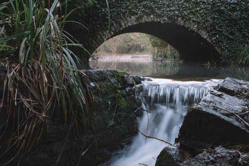Free Picturesque scenery of aged arched bridge covered by green plants over calm river streaming down through rocky terrain Stock Photo