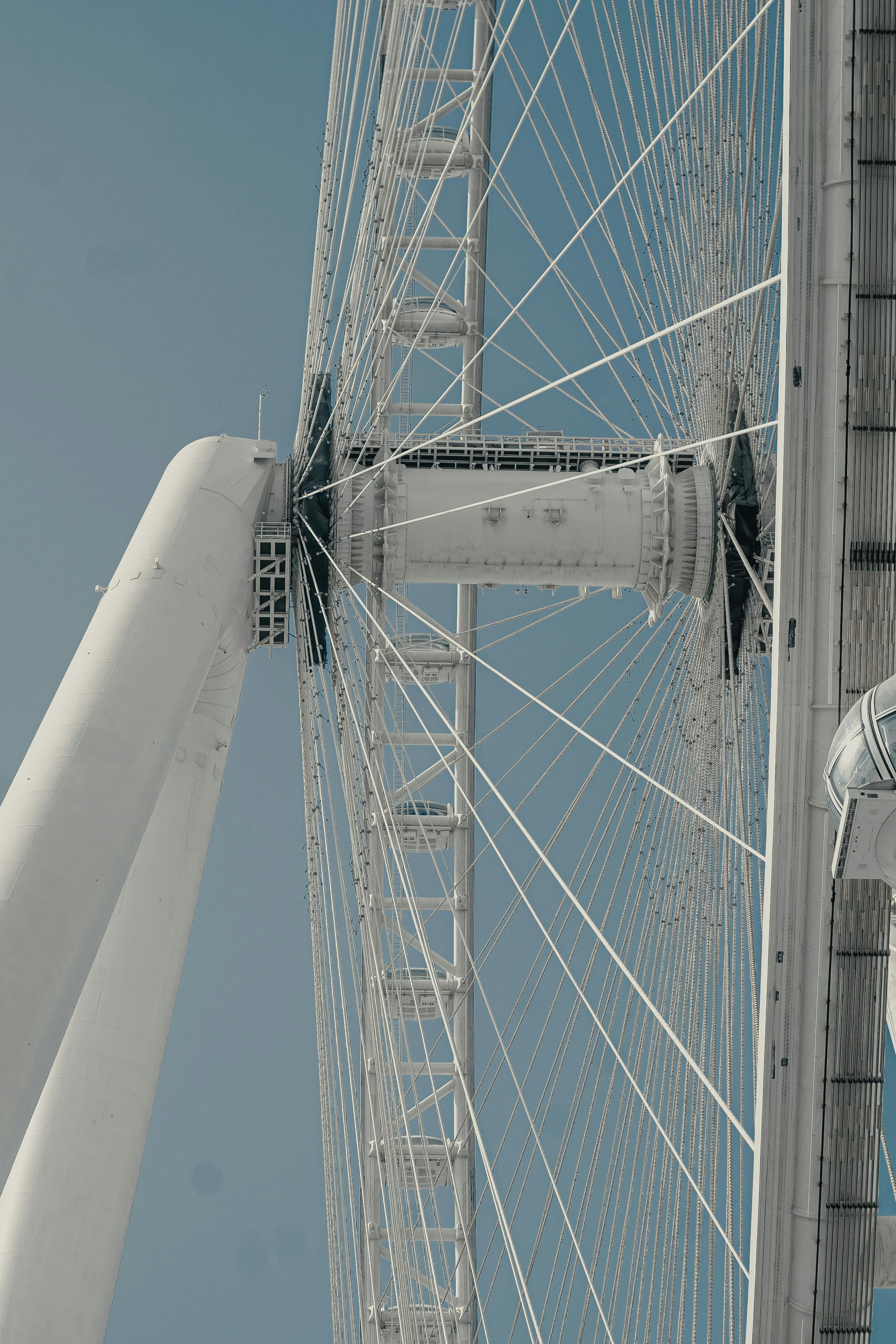 Free Close-up of the Ferris Wheel in Dubai against a clear blue sky, showcasing modern architecture. Stock Photo
