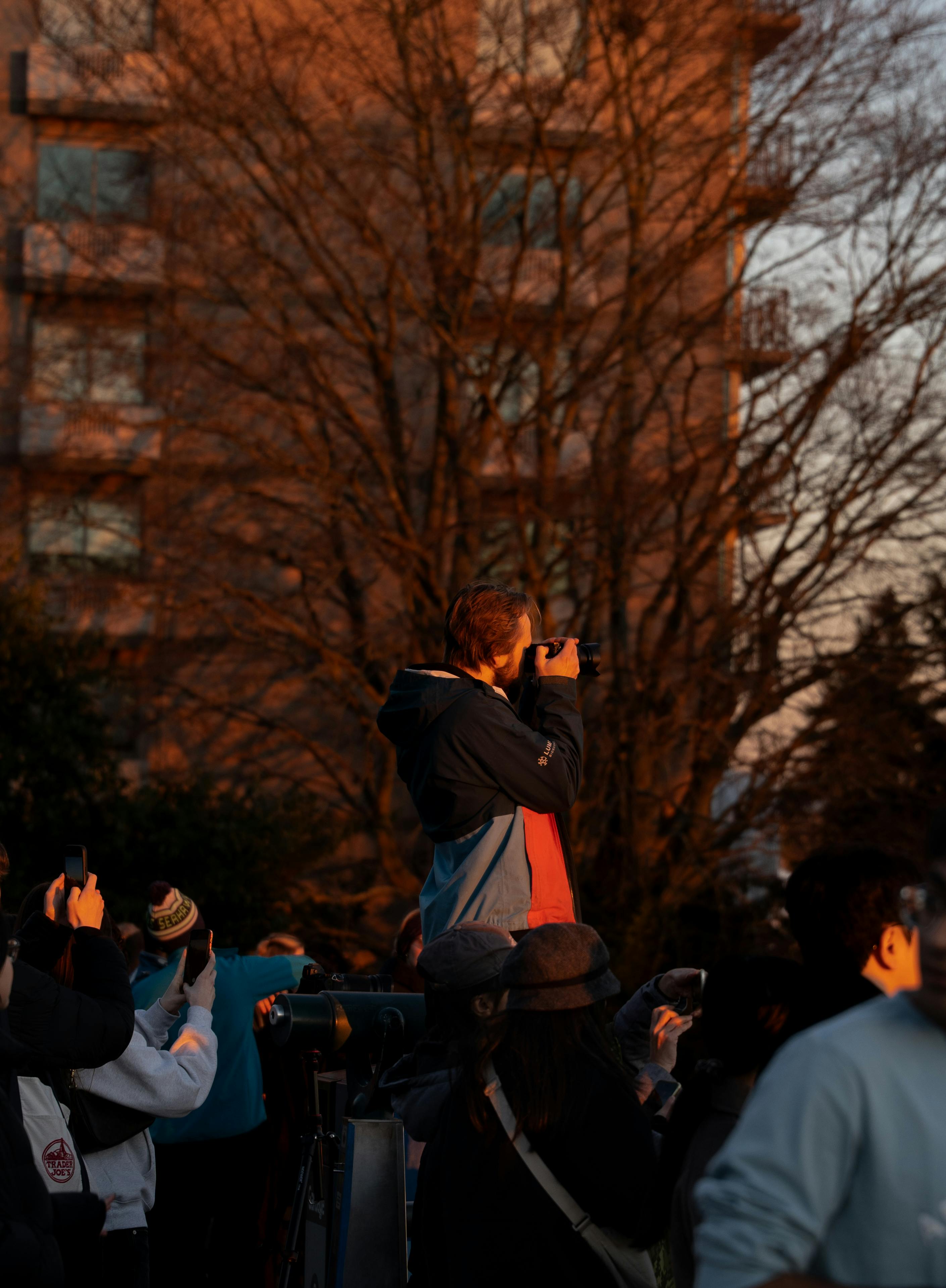Δωρεάν Μια ομάδα ανθρώπων απαθανατίζει το ηλιοβασίλεμα σε ένα πάρκο του Σιάτλ με κάμερες και smartphones. Φωτογραφία από στοκ φωτογραφιών