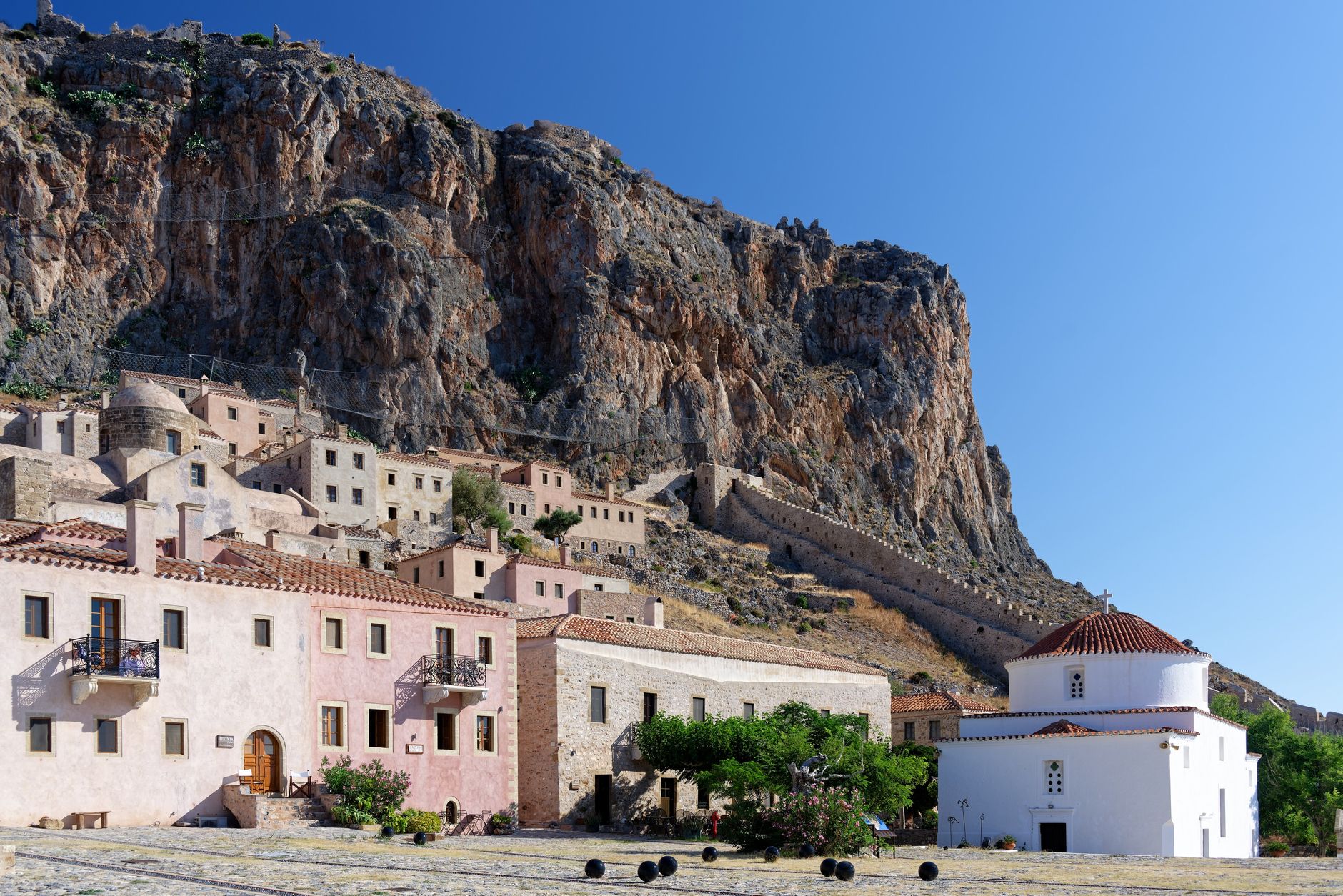 Historic Monemvasia medieval townscape under clear blue skies