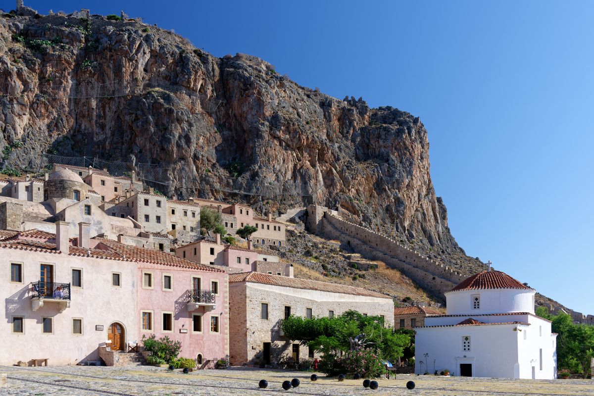 The medieval town of Monemvasia beneath its rock