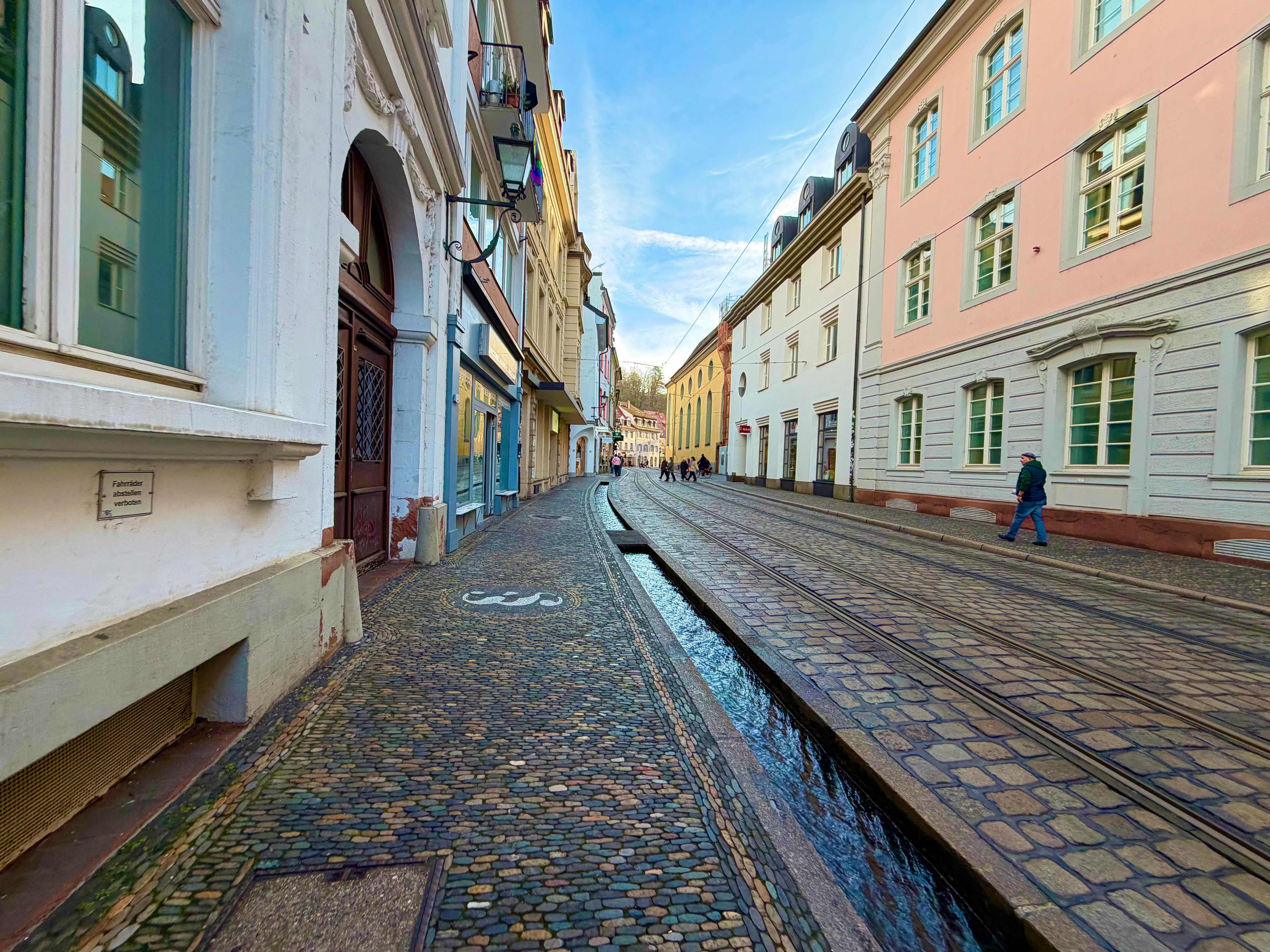 Charming cobblestone street in Freiburg, Germany, showcasing classic European architecture.