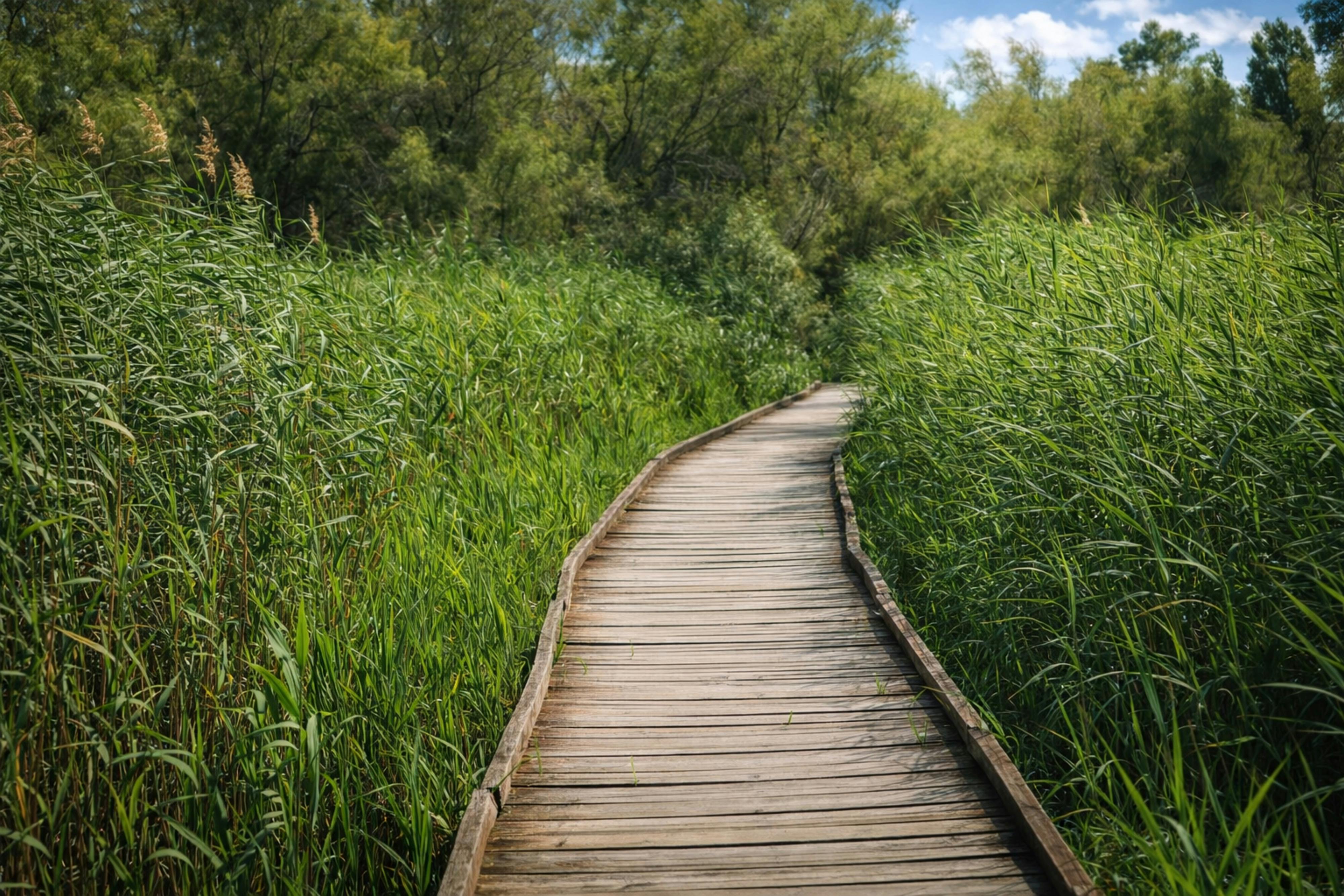 ingyenes Egy nyugodt, fából készült pallósor kanyarog sűrű növényzet között egy napsütéses franciaországi napon. Stockfotó