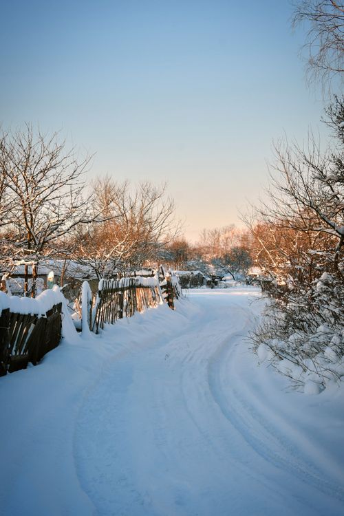 Free Serene rural path covered in snow with a rustic wooden fence under clear winter sky. Stock Photo