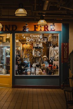 Charming boutique window display in Seattle showcasing eclectic fashion and vintage items.