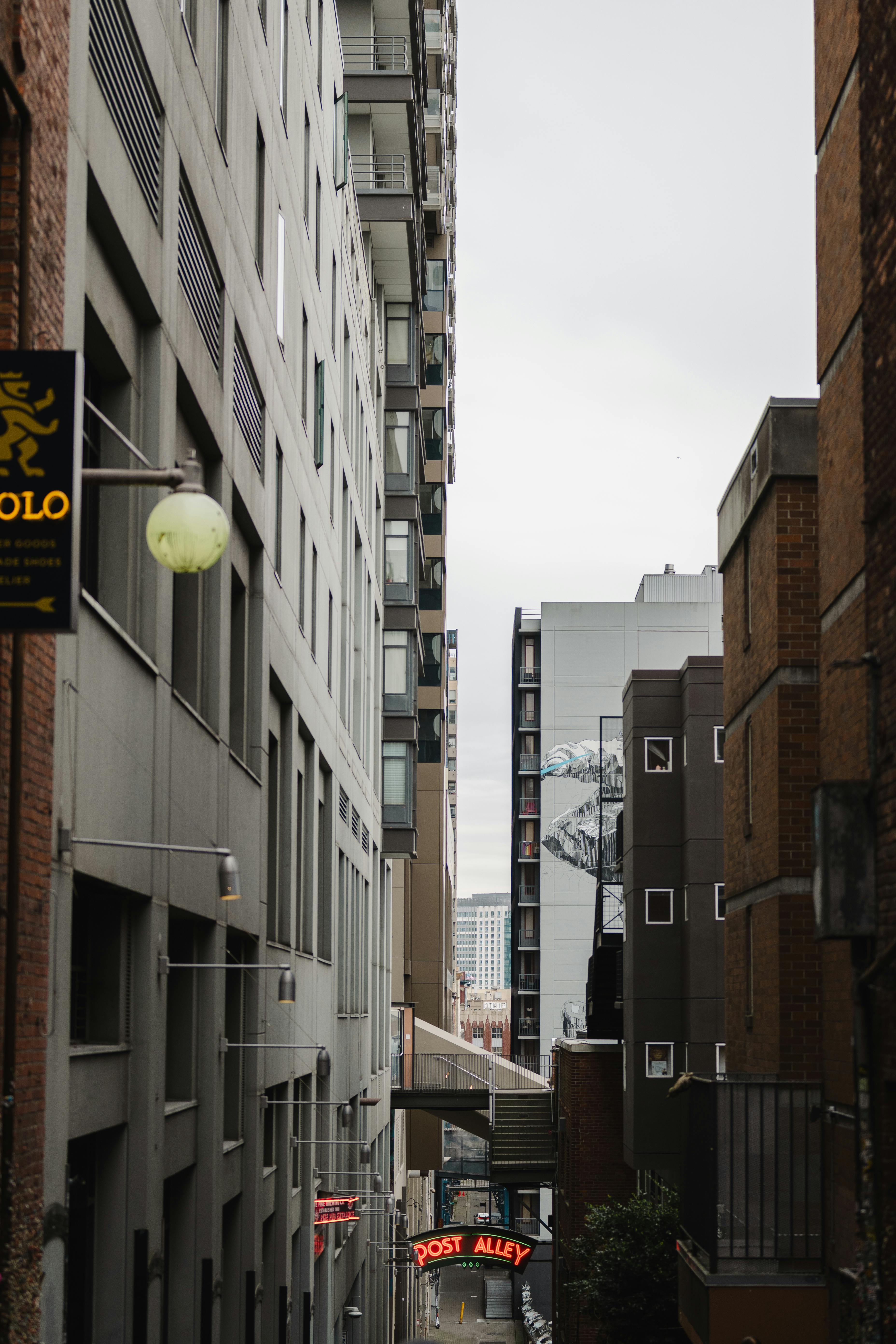 gratis Een beperkt zicht op Post Alley in Seattle met stedelijke architectuur en een bewolkte hemel. Stockfoto