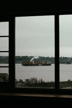 View of MSC cargo ship through window as it sails on Seattle's waterfront on an overcast day.