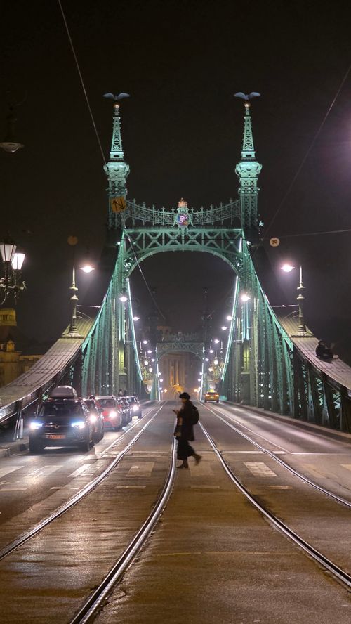 Free A woman crosses the illuminated Liberty Bridge in Budapest at night, capturing urban life. Stock Photo