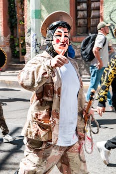 Masked performer in vibrant parade wearing camo in an outdoor festival.