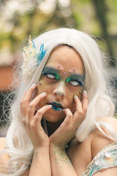 Fantasy-themed cosplay with elaborate artistic makeup set in an outdoor park in Mexico City.