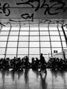 Black and White Airport Terminal Interior Scene