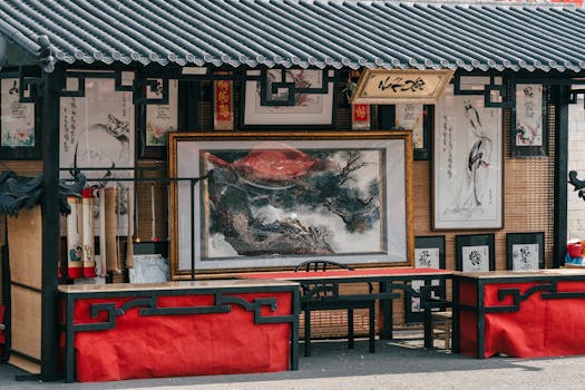 A vibrant outdoor stall showcases traditional Asian paintings and calligraphy art.