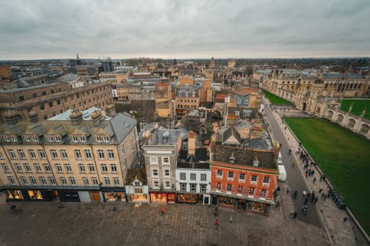 Aerial perspective showcasing Oxford's iconic architecture and bustling streets.
