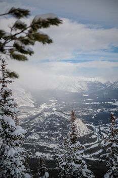 Snow-covered trees and mountain landscapes in Banff National Park, Alberta.