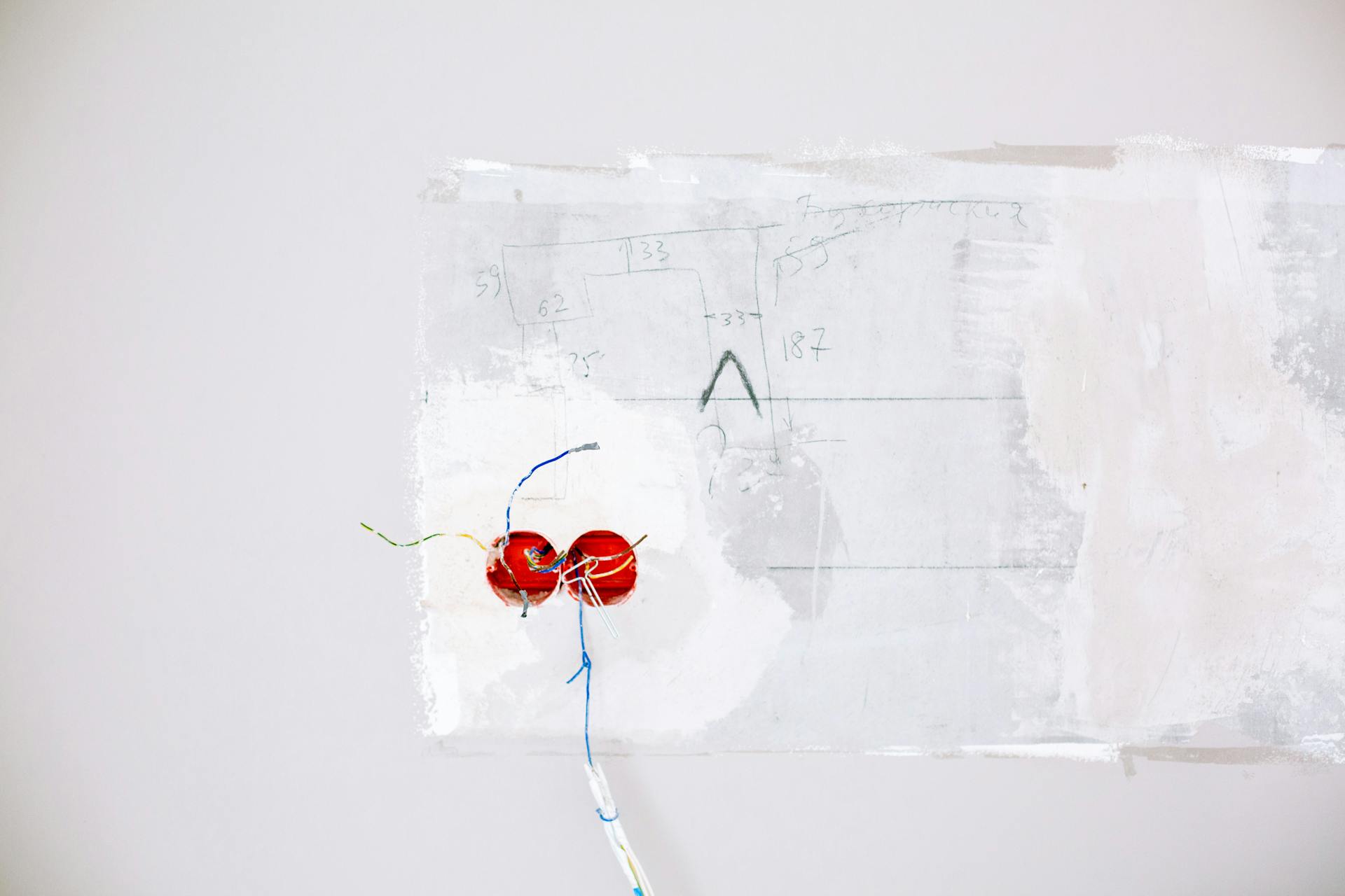 Close-up view of exposed electric wiring being installed during home renovation on a white wall.