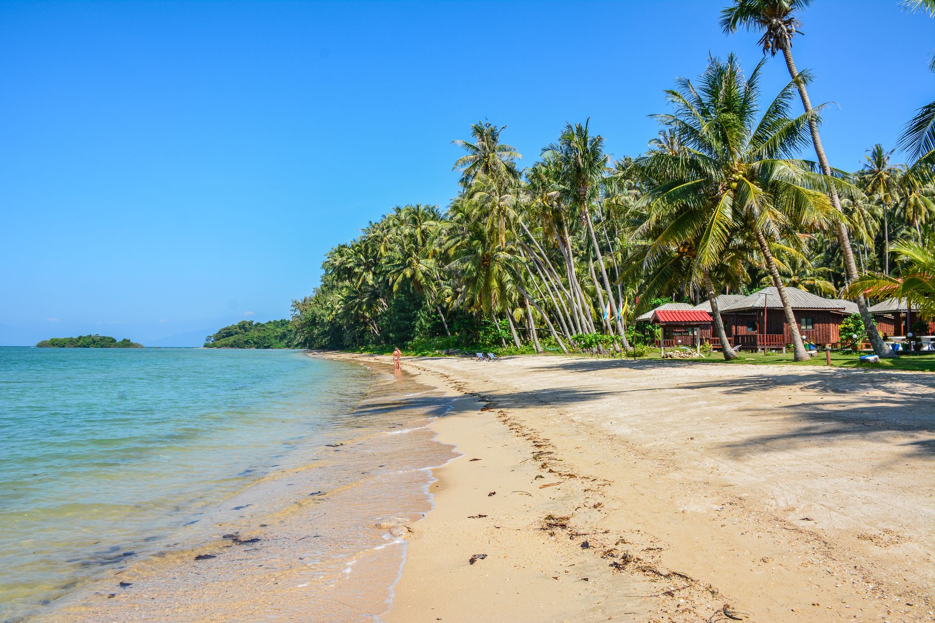 Serene tropical beach on Ko Mak, Thailand with palm trees and huts under a clear blue sky.