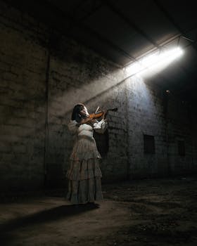 Solo violinist plays passionately in a dimly lit, dramatic setting with a spotlight effect.