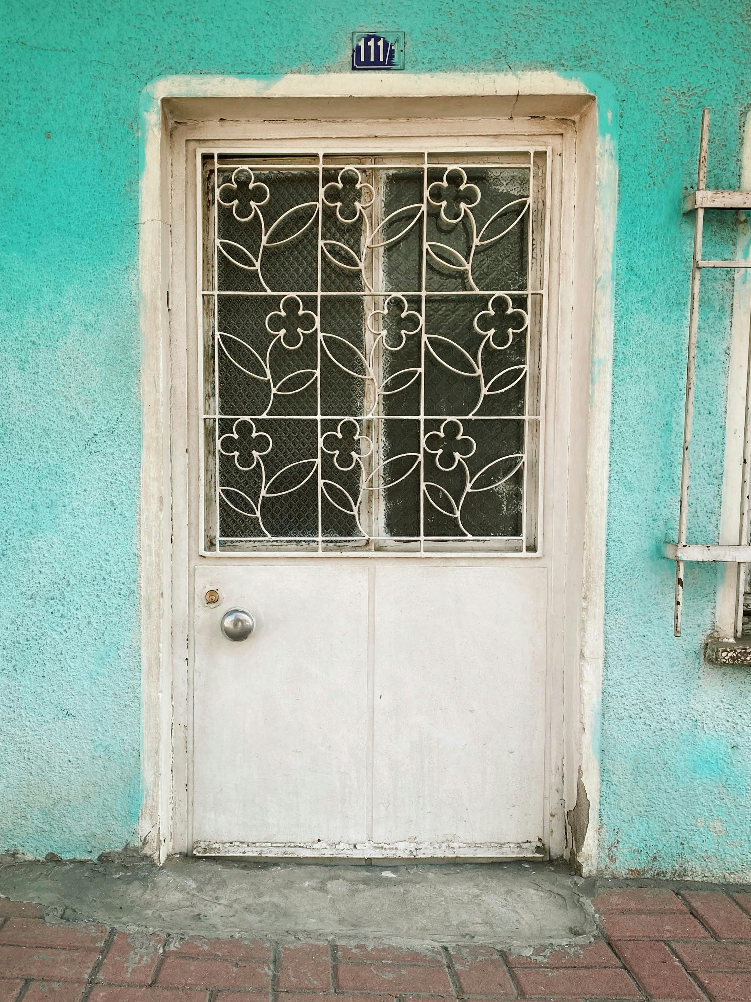 Gratis Una puerta blanca con reja metálica con motivos florales frente a una pared color turquesa vibrante. Foto de stock