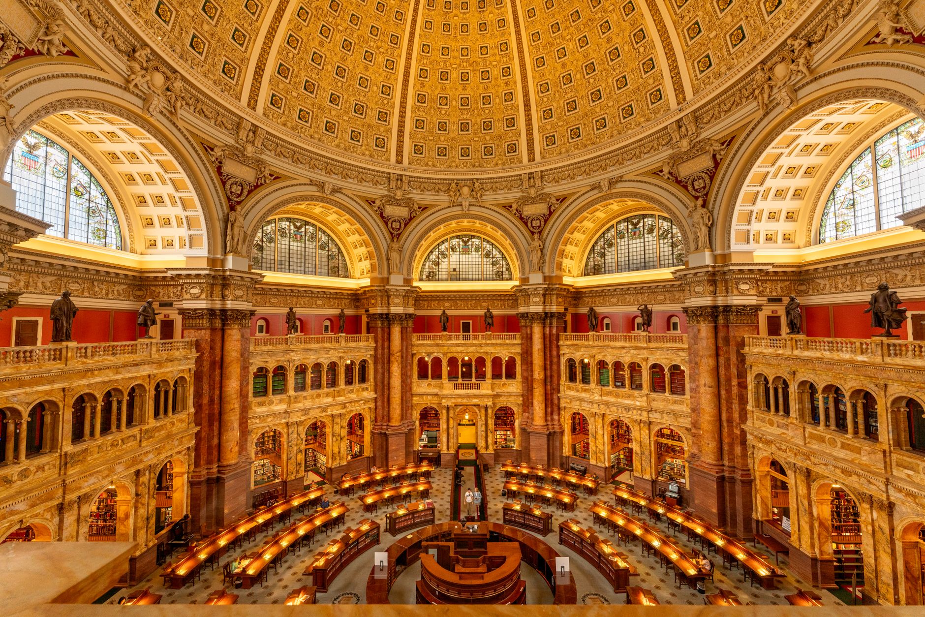 Grand view of the Library of Congress interior, Washington D.C., showcasing its ornate architecture.