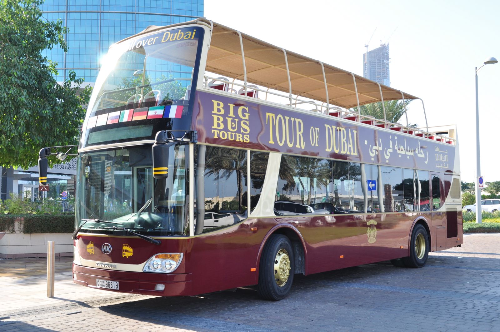 Big Bus Tours open-top double-decker parked on a Dubai street