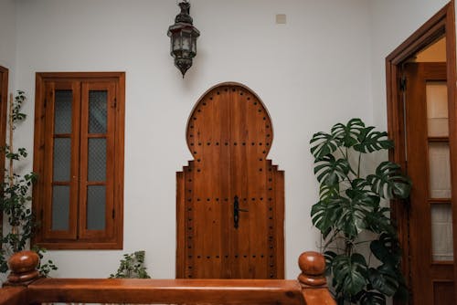 Brown Wooden Door Beside Green Plant