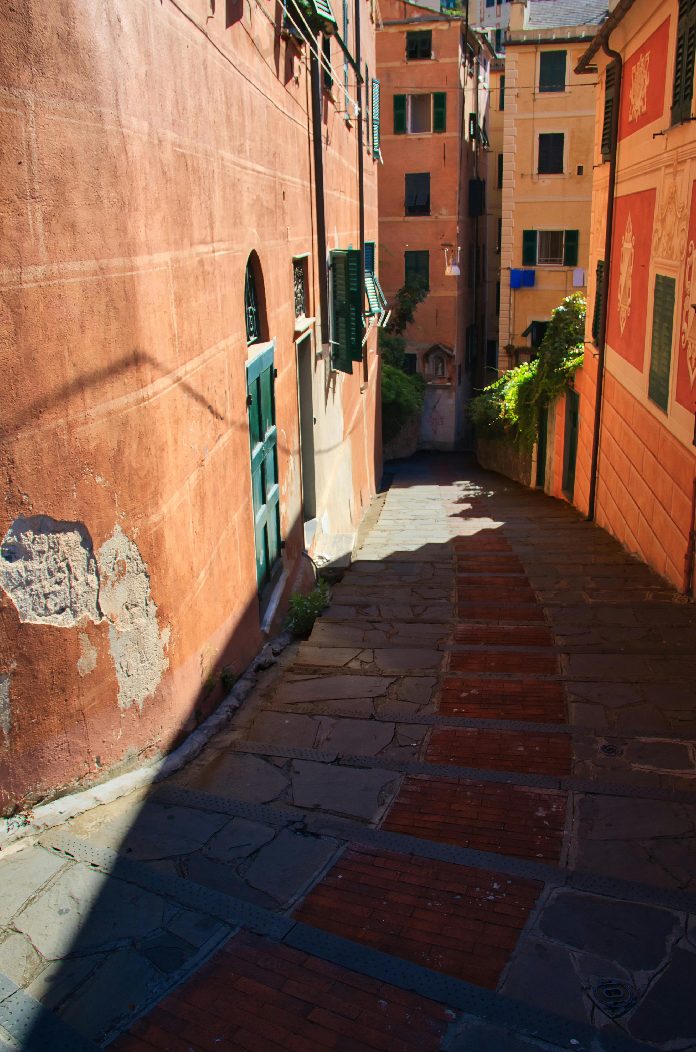 Gratis Vicolo stretto e soleggiato a Camogli, in Italia, che mette in mostra la colorata architettura storica. Foto a disposizione