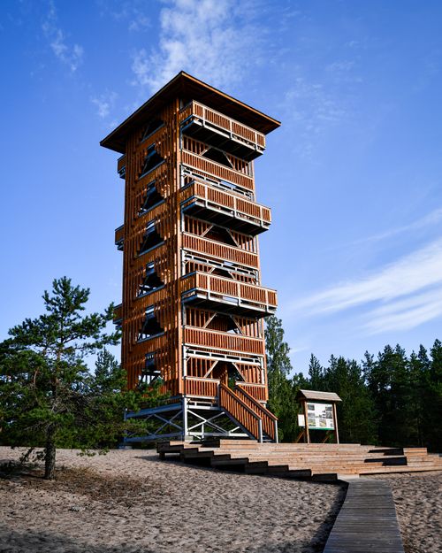Free Wooden observation tower under clear sky in Rannametsa, Estonia's coastal forest. Stock Photo