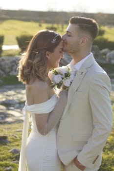 A bride and groom share a tender kiss outdoors on a sunny day.