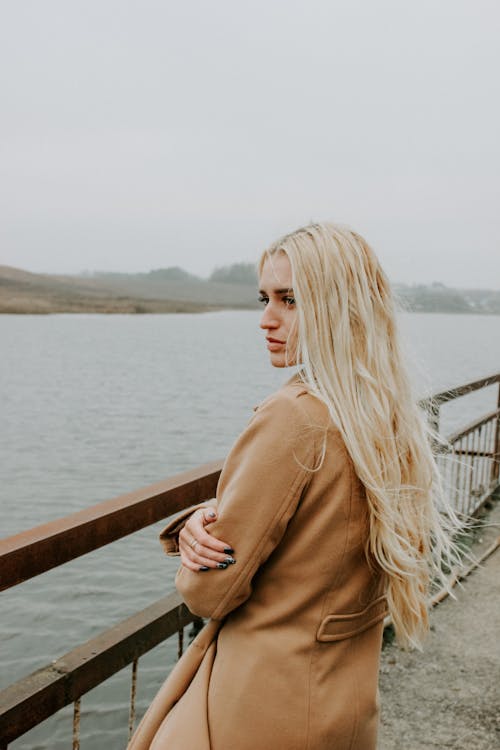 Free Woman in Brown Coat Standing on Bridge Stock Photo