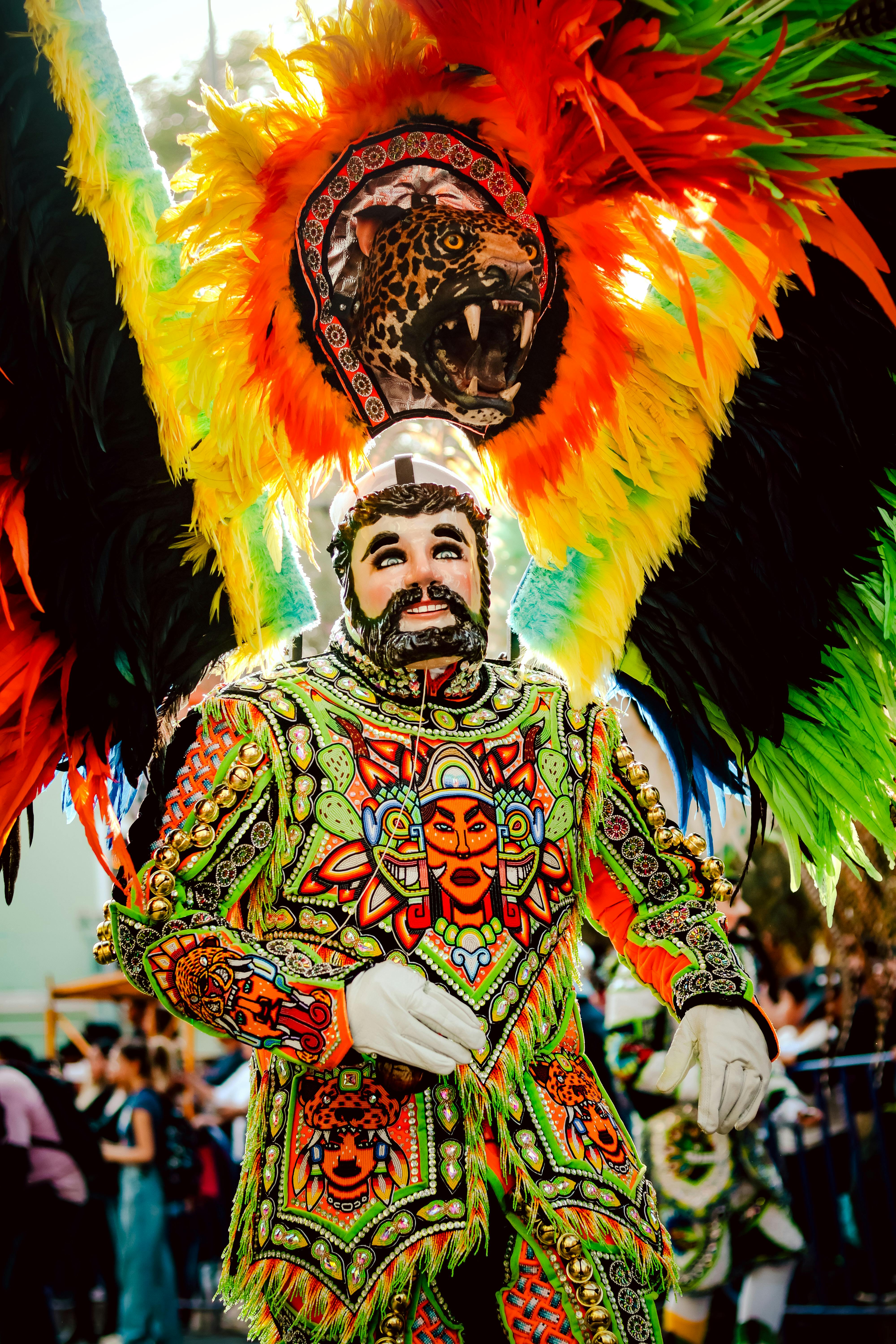 ฟรี ชุดแฟนซีงานรื่นเริงสีสันสดใส ลวดลายประณีต พร้อมหมวกขนนกขนาดใหญ่ ท่ามกลางแสงแดดจ้า คลังภาพถ่าย