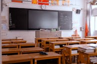 Empty Classroom with Blackboard and Desks