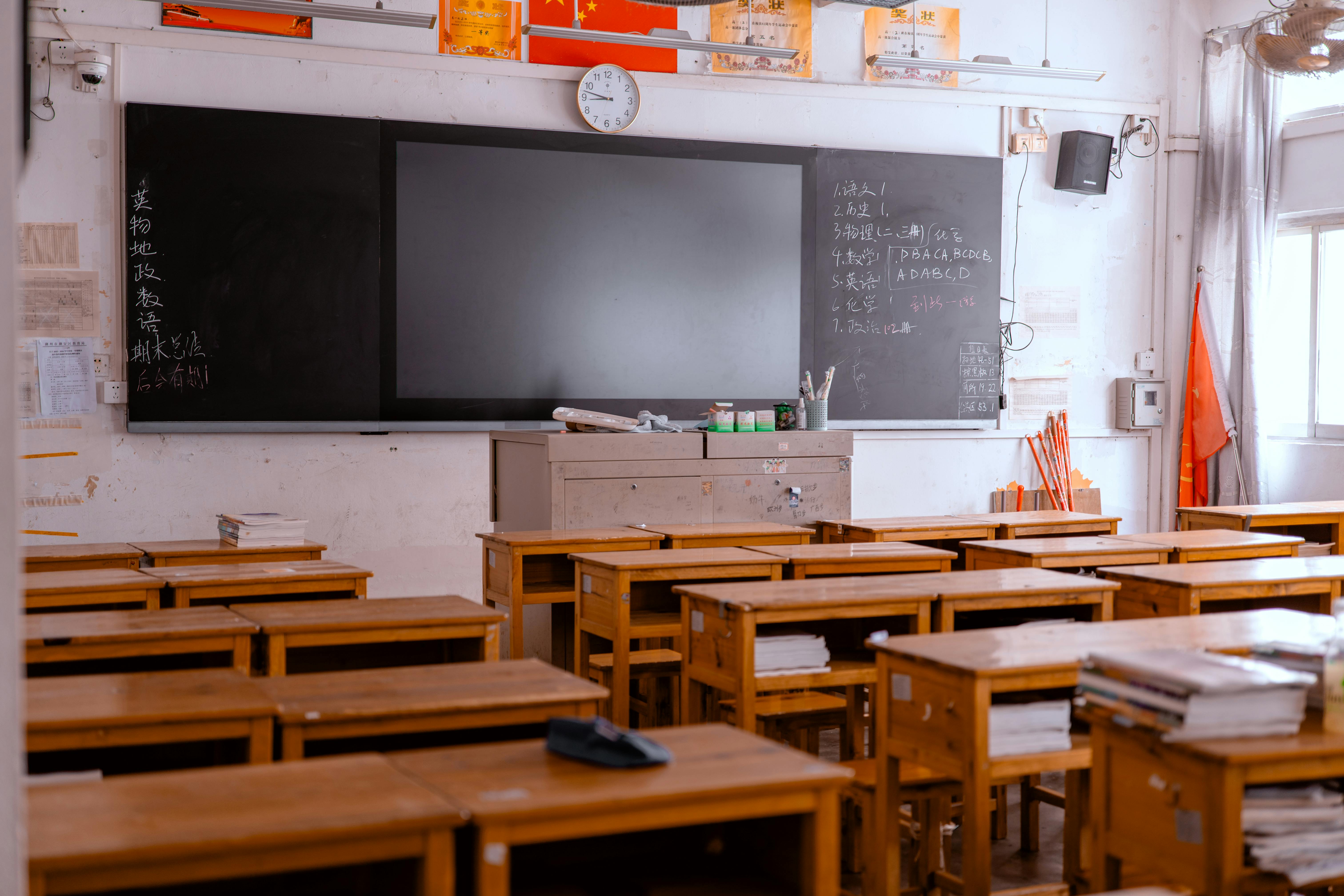 Empty Classroom with Blackboard and Desks