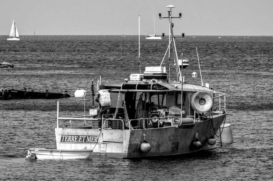 Black and white photo of the boat