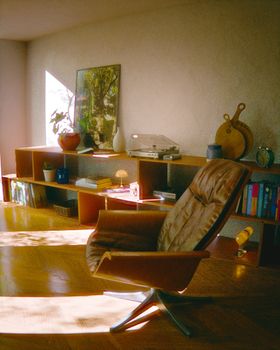 Sunlit mid-century modern living room with vintage decor and furniture.. sunlit, century, modern