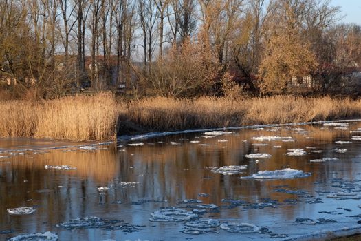 A serene winter scene featuring a partially frozen river reflecting bare trees and reeds.