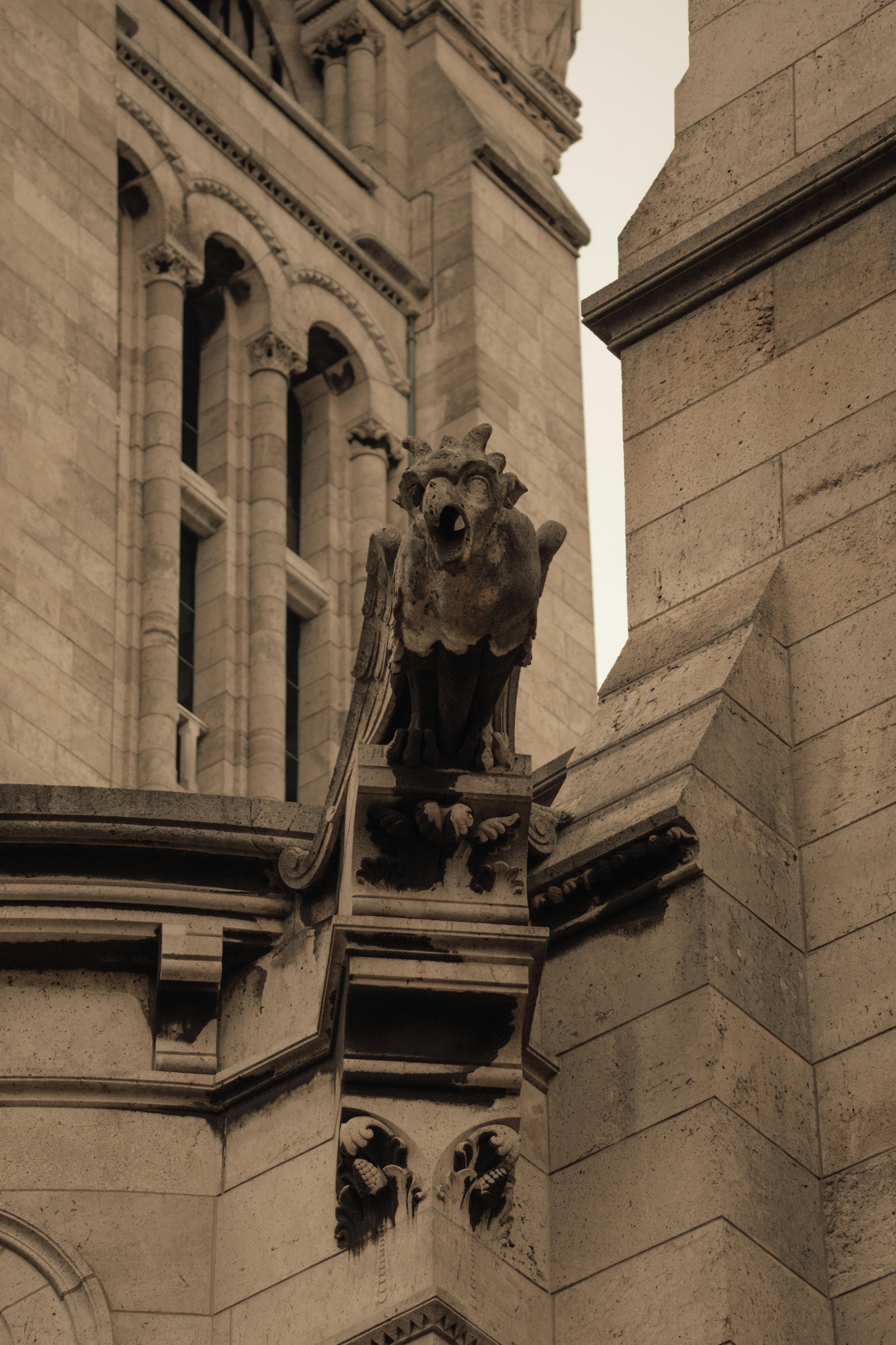 gratis Een gedetailleerde afbeelding van een gotische waterspuwer in de Sacré-Cœur-basiliek, die de architectonische betekenis ervan in Parijs benadrukt. Stockfoto