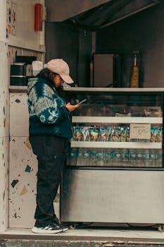 A person stands at a street food stand in France, checking their phone.