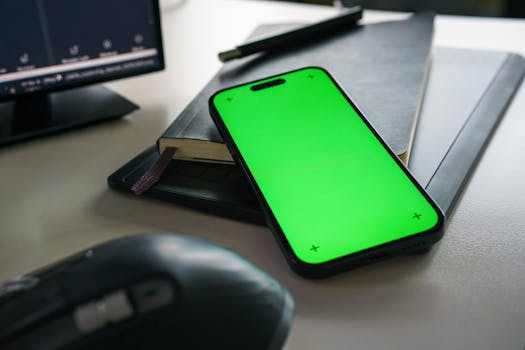 A clean and modern office desk with a smartphone displaying a green screen, notebook, and computer accessories.