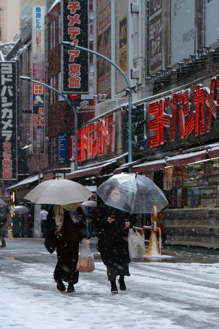 Two individuals walking in a snowy Tokyo street with umbrellas, vibrant neon signs in the background.