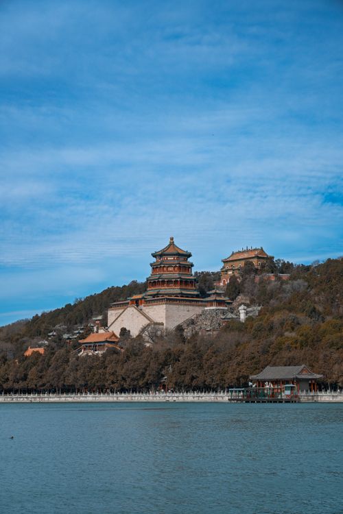 Free Beautiful view of the Summer Palace in Beijing with clear sky and tranquil water. Stock Photo