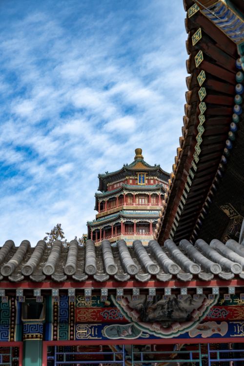 Free Stunning architectural view of a pagoda at the Summer Palace, Beijing, China, under a clear blue sky. Stock Photo