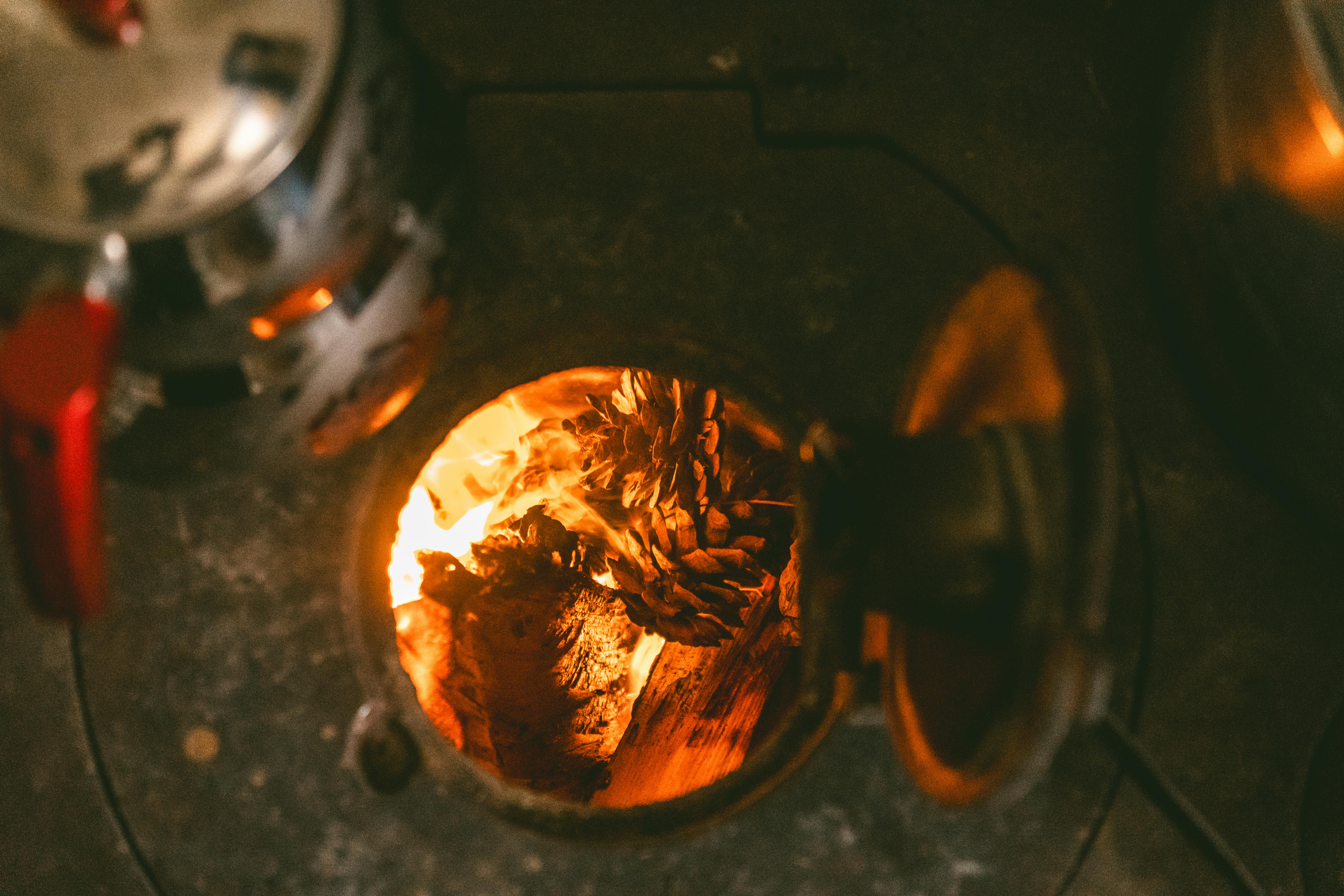 Kostnadsfria En närbild på tallkottar som brinner i en mysig öppen spis och framkallar värme och komfort. Stock foto