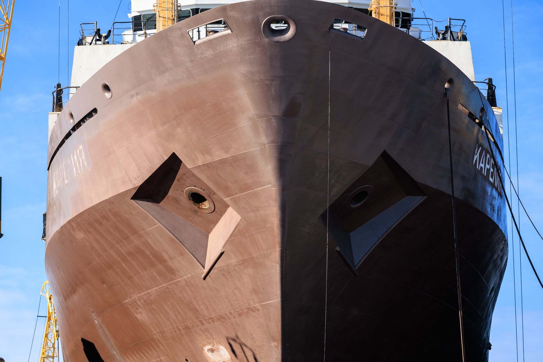 Close-up view of a ship's bow under construction at Svetly shipyard, Kaliningrad Oblast, Russia.