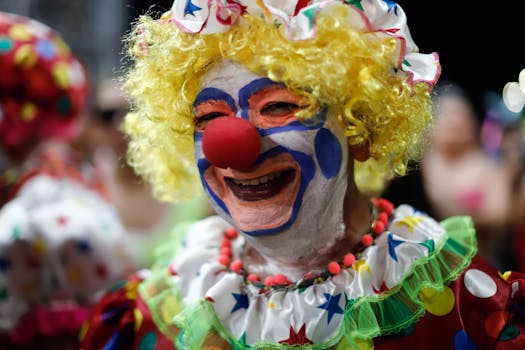 Smiling clown in vibrant costume at a festival in Parintins, Brazil.