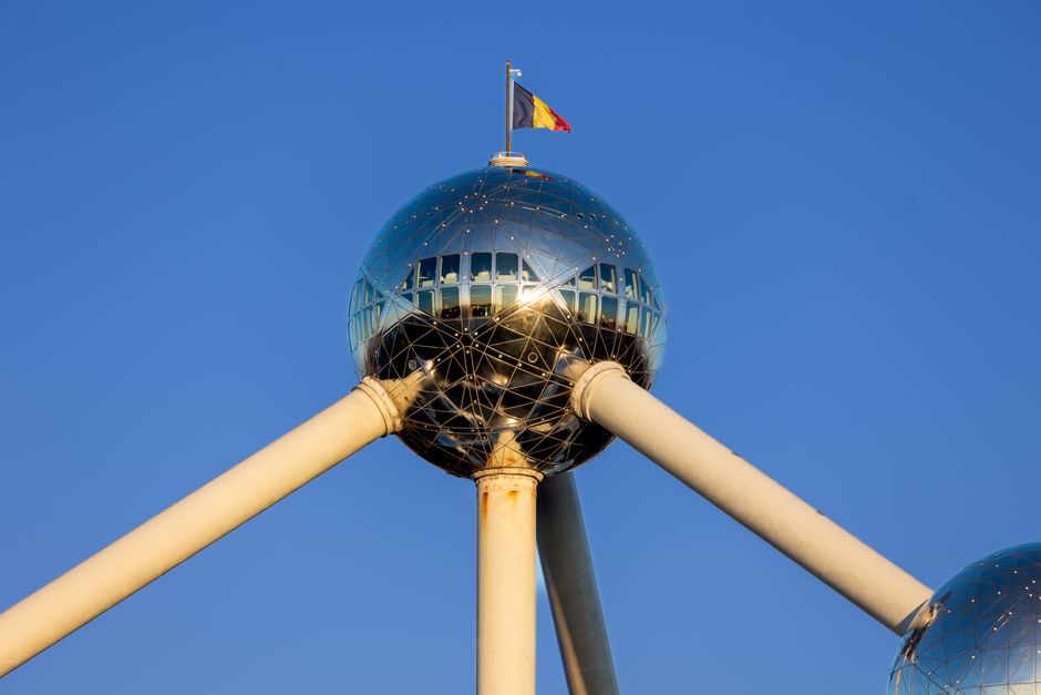 The iconic Atomium structure in Brussels, Belgium, against a blue sky