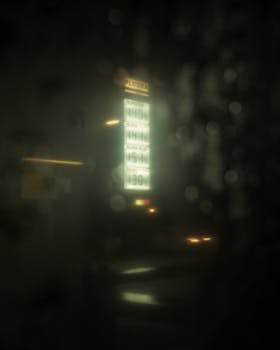 Blurred night view of an old gas station in the rain.
